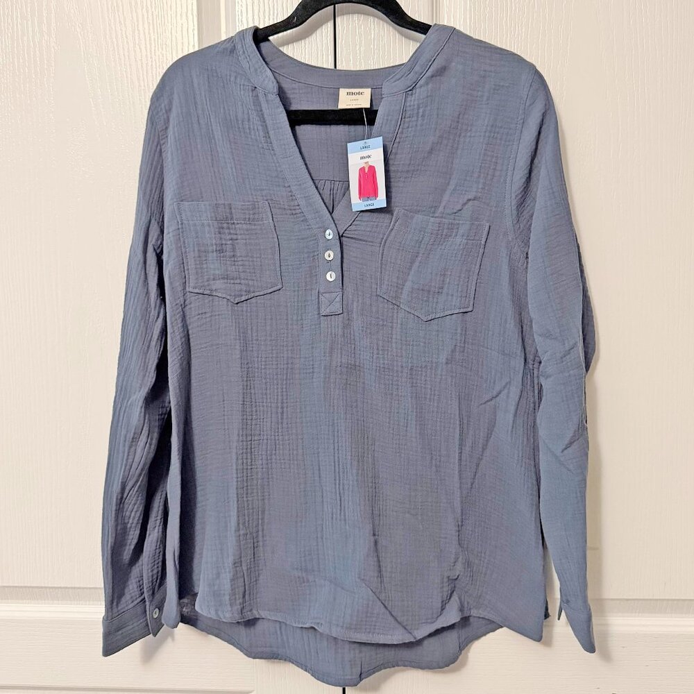 Mote Gauzy Henley Shirt Size: L Gray Long Sleeve V-Neck Cotton